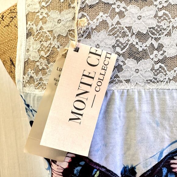 Monte Cervino Women's  Blue Butterfly Print Mini Lace Back Dress Tunic Sz L/XL - Picture 4 of 11